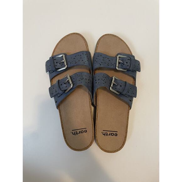 Earth Size 8 Perforated Leather Slide Sandals Sand Antigua Sapphire Blue - Picture 1 of 7
